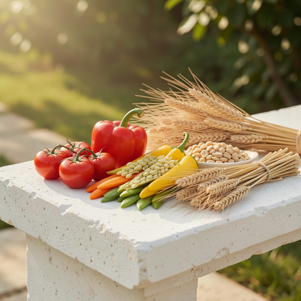 Разнобојно поврће и житарице на белом камену пулту у природном дневном светлу — парадајз, паприка, боранија, пшеница у уредном распореду