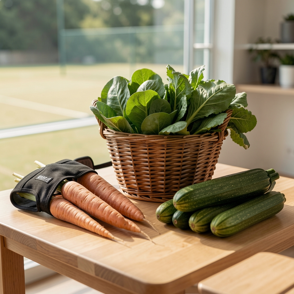 Свежи зеленчук у плетеној корпи на тренерском столу поред спортске опреме — мркве, целер и тиквице у природном светлу, едиторијална фотографија