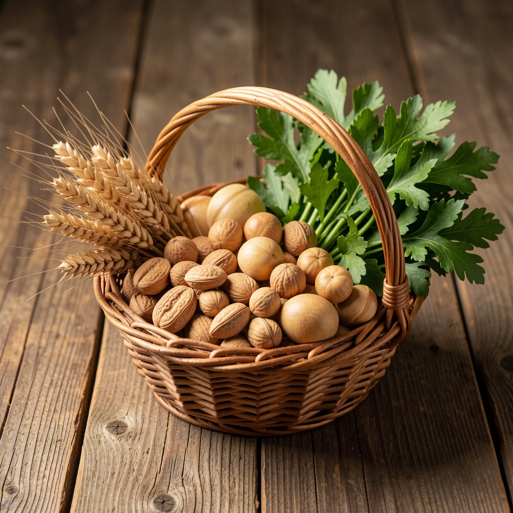 Природни намирница у земљаним и зеленим тоновима — целовите житарице, ораси и свеже зеље у плетеној корпи на грубој дрвеној подлози, кинематографско осветљење
