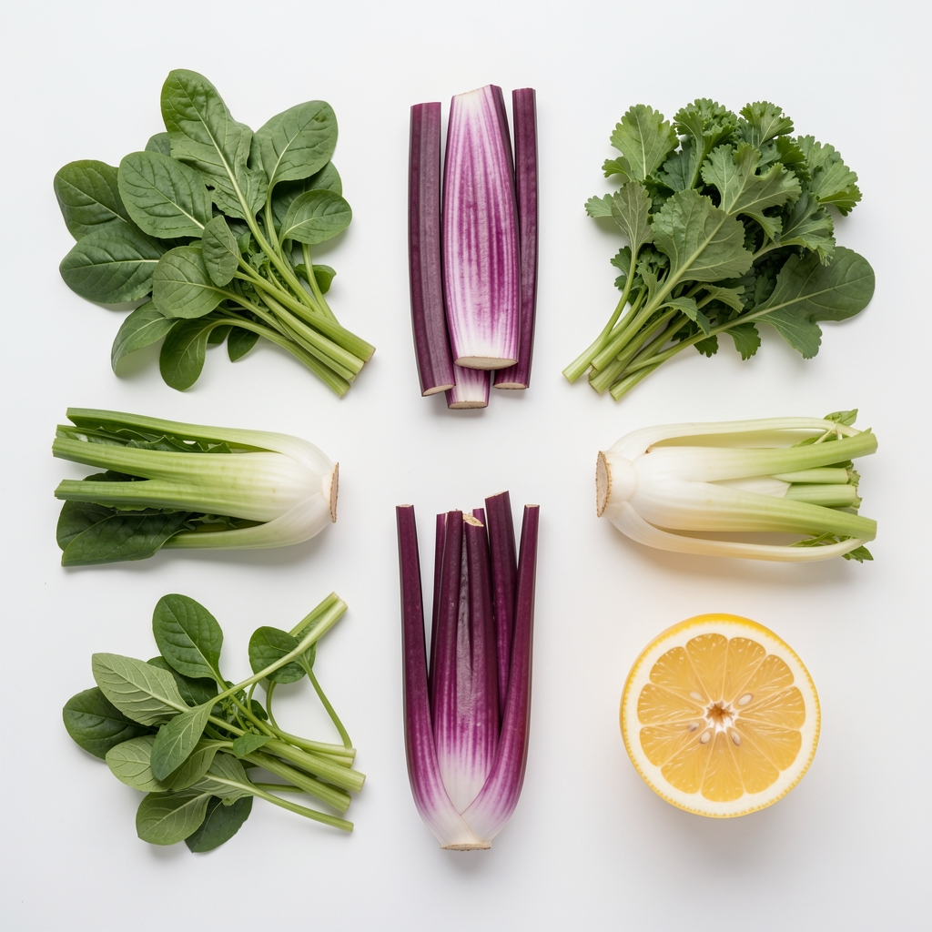 Поглед одозго на разне свеже биљне намирнице — спанаћ, мркву, першун и лимун разложене симетрично на белој позадини у стилу flat lay фотографије